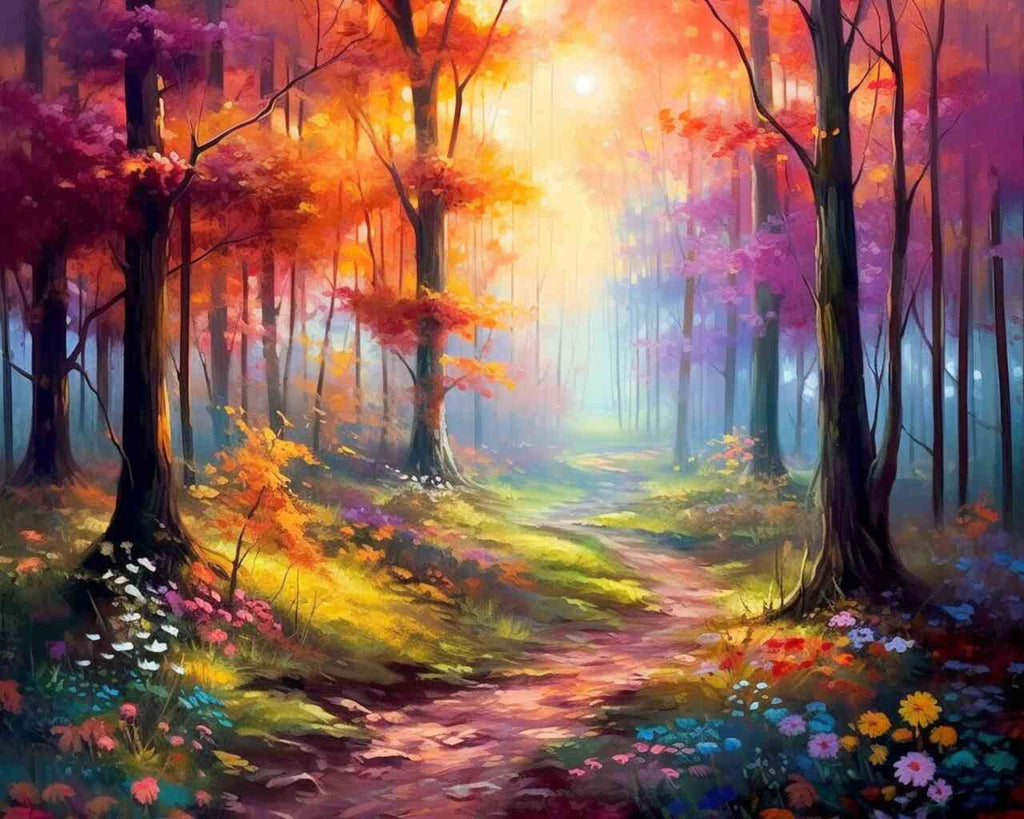 DIY diamond painting of an enchanted forest in morning light with crimson and golden trees, a winding path, and pastel floral splendor.