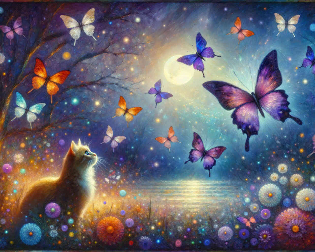 Cat marvels at colorful butterfly — Diamond Painting Kit design