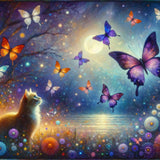Cat marvels at colorful butterfly — Diamond Painting Kit design