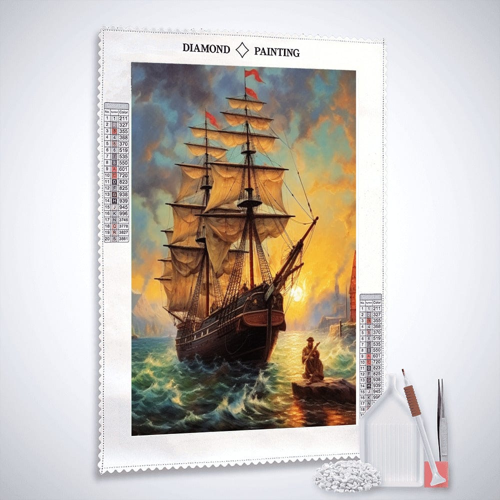 Ship at sunrise, rough sea — Diamond Painting Kit, product view 2
