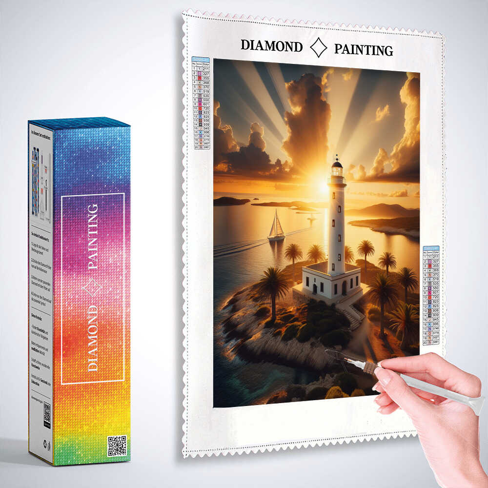 White lighthouse, sunset — Diamond Painting Kit, product view 3