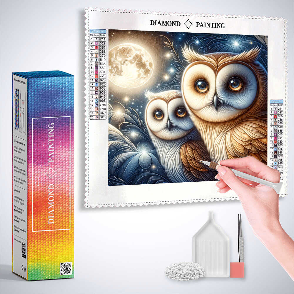 Owl couple on branch in full moon — Diamond Painting Kit, product view 3
