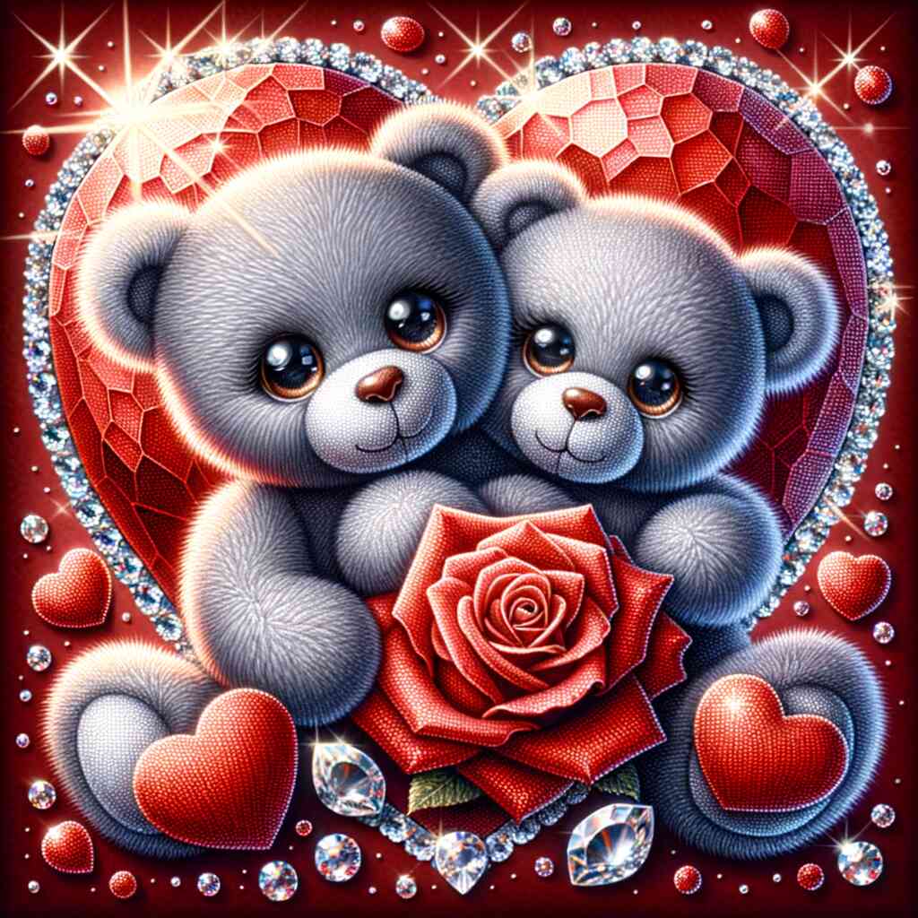 Teddy Couple Rose and Heart — Diamond Painting Kit design