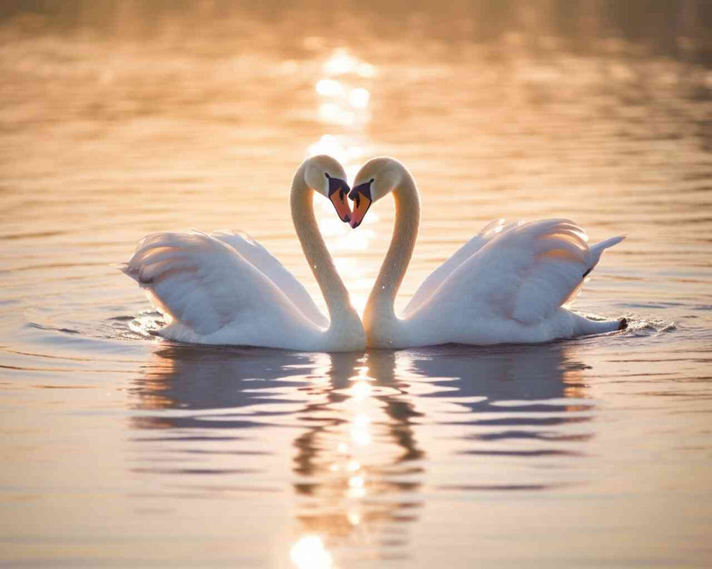 Two swans form a heart shape with their necks in the golden glow of the evening light, reflecting calm waters, capturing romantic harmony.