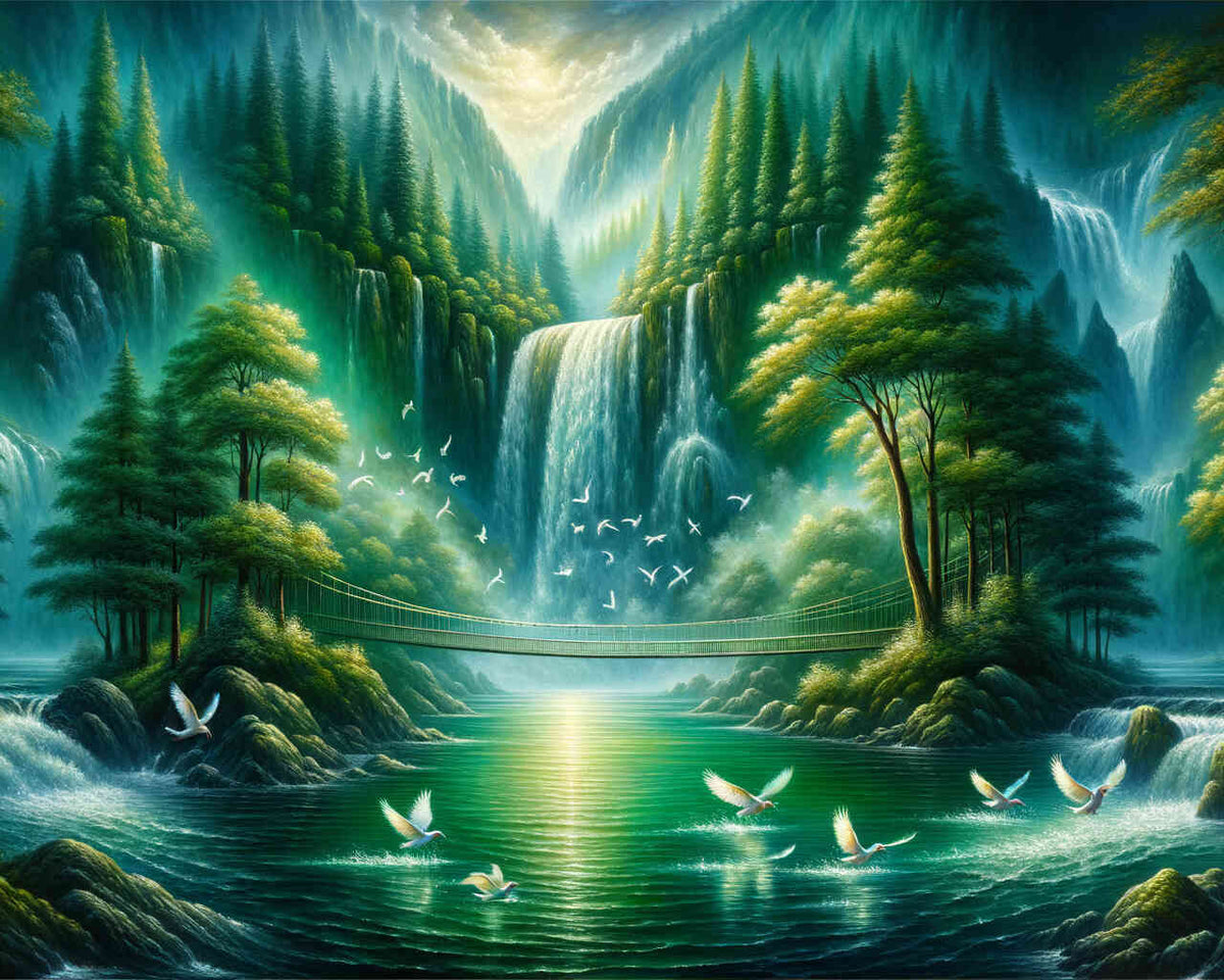 Suspension Bridge at the Waterfall — Diamond Painting Kit design