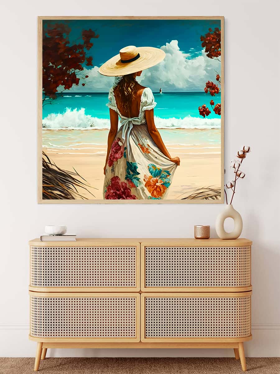 Woman with hat on the beach — Diamond Painting Kit, product view 3