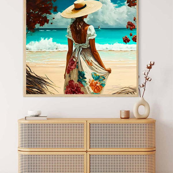 Woman with hat on the beach — Diamond Painting Kit, product view 3