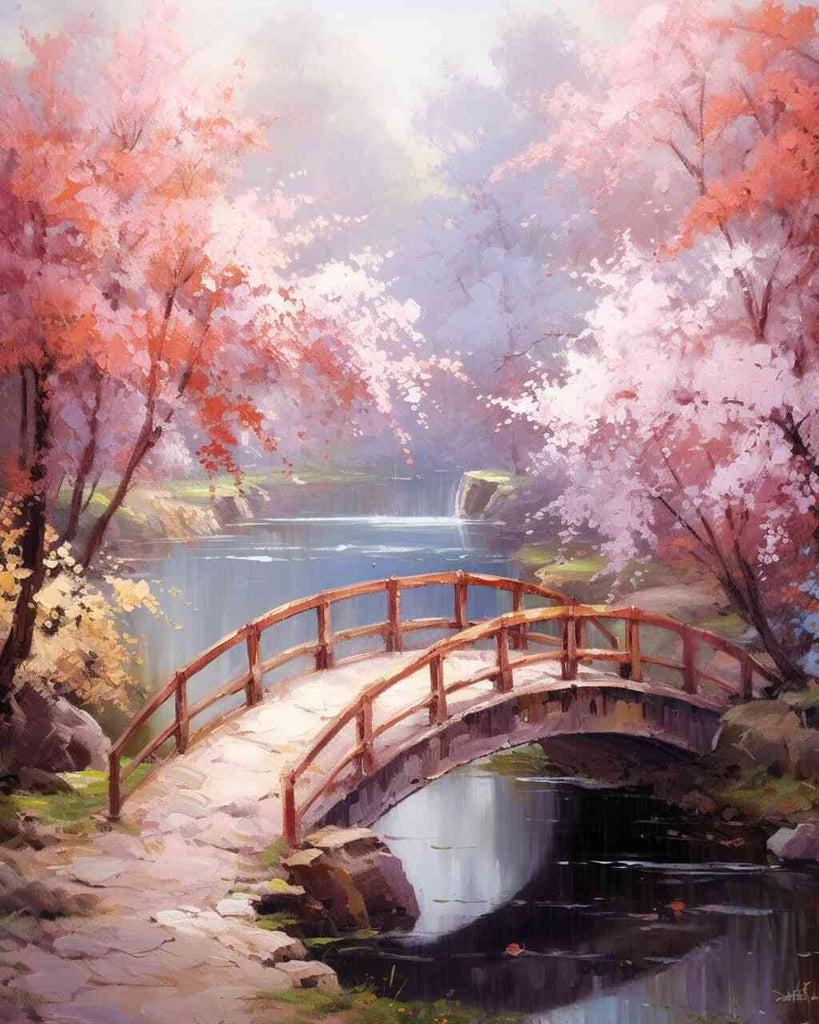 DIY Diamond Painting - Bridge to the Enchanted with a wooden bridge over a tranquil stream, surrounded by pastel pink and white flowers.