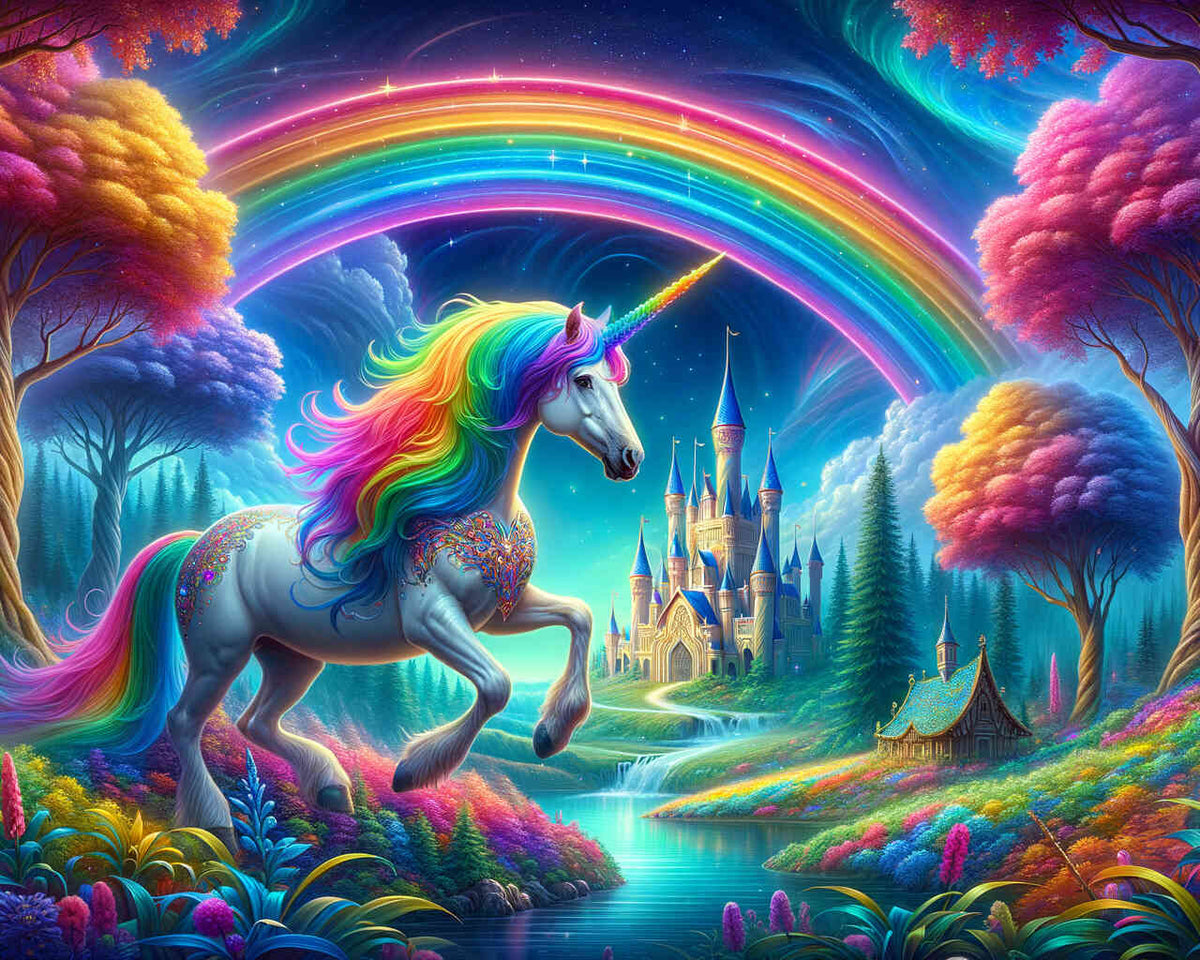 Rainbow unicorn in the enchanted forest — Diamond Painting Kit design