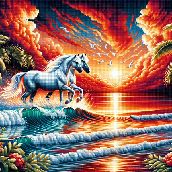 White Horses at Sunset — Diamond Painting Kit design