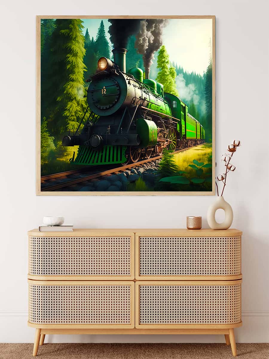 Green train in the forest — Diamond Painting Kit, product view 3