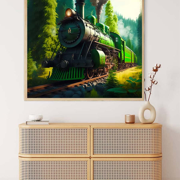 Green train in the forest — Diamond Painting Kit, product view 3