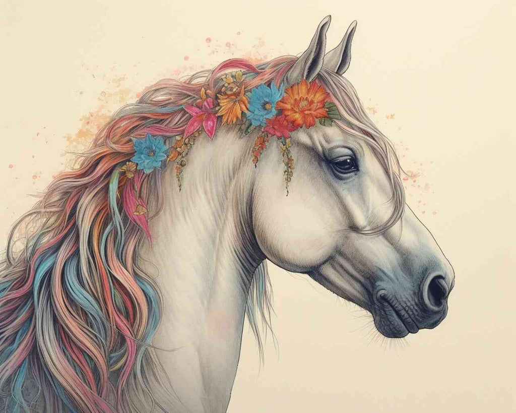 White horse with a colorful floral wreath on its flowing mane, illustrating the grace and harmony of the DIY Diamond Painting - Floral elegance in the wind.