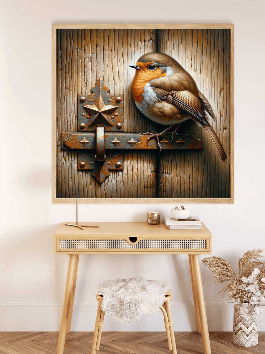 Robin, wooden gate — Diamond Painting Kit, product view 2