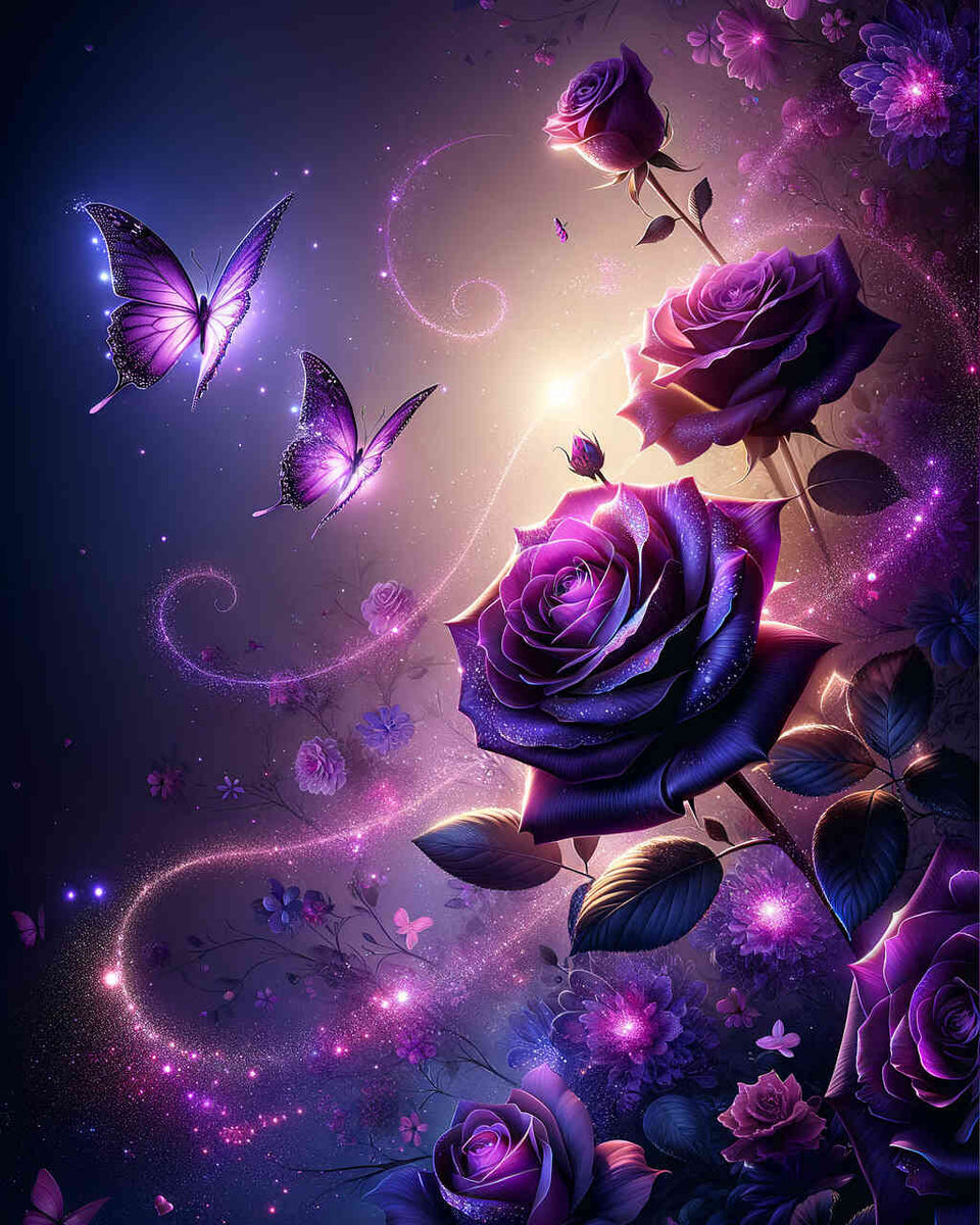 Purple roses and butterflies — Diamond Painting Kit design