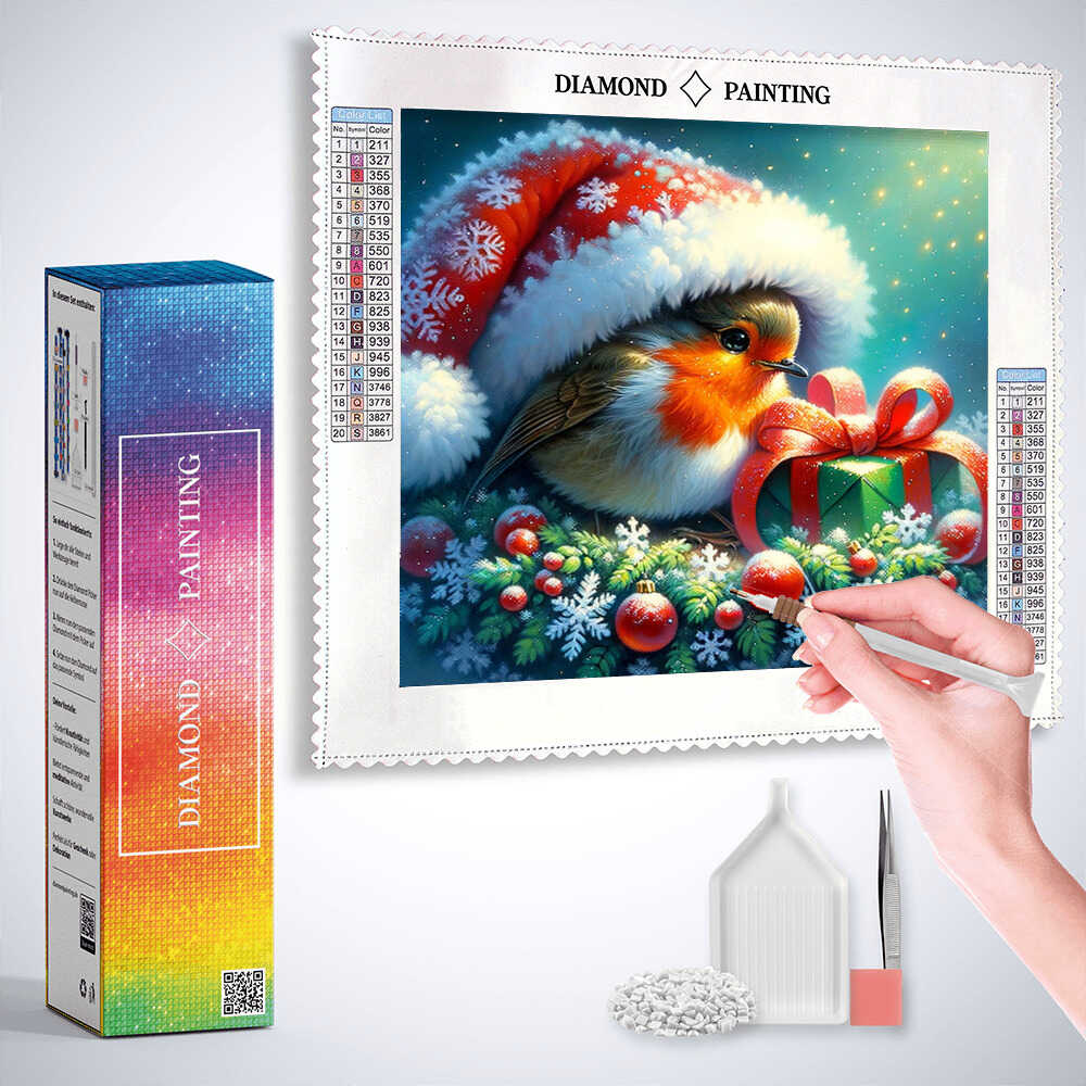 Robin with Christmas hat — Diamond Painting Kit, product view 3