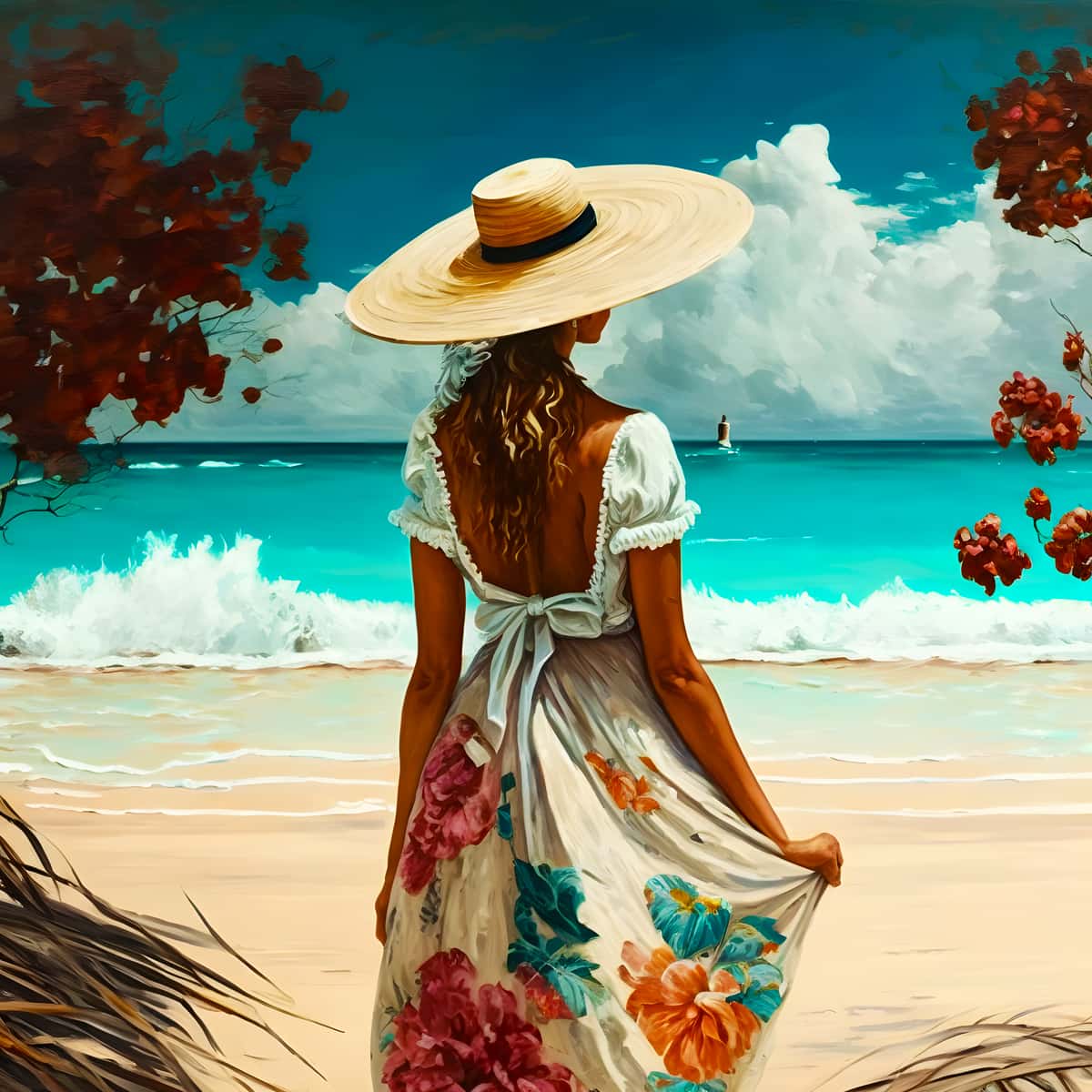 Woman with hat on the beach — Diamond Painting Kit design