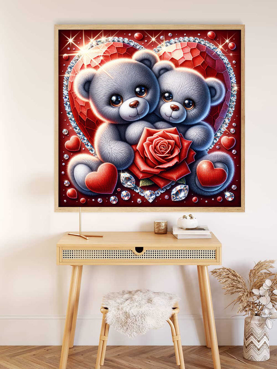 Teddy Couple Rose and Heart — Diamond Painting Kit, product view 2