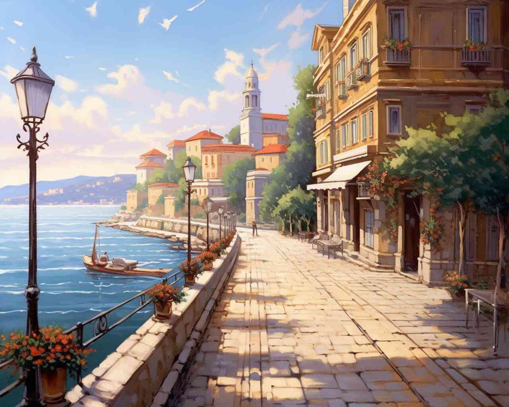 DIY Diamond Painting - Mediterranean morning dream, waterfront promenade