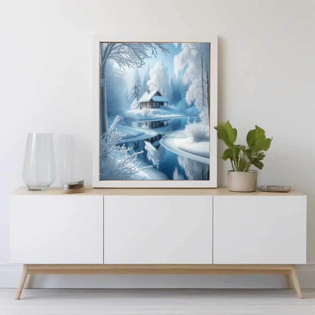 House by the river in the snow — Diamond Painting Kit, product view 2