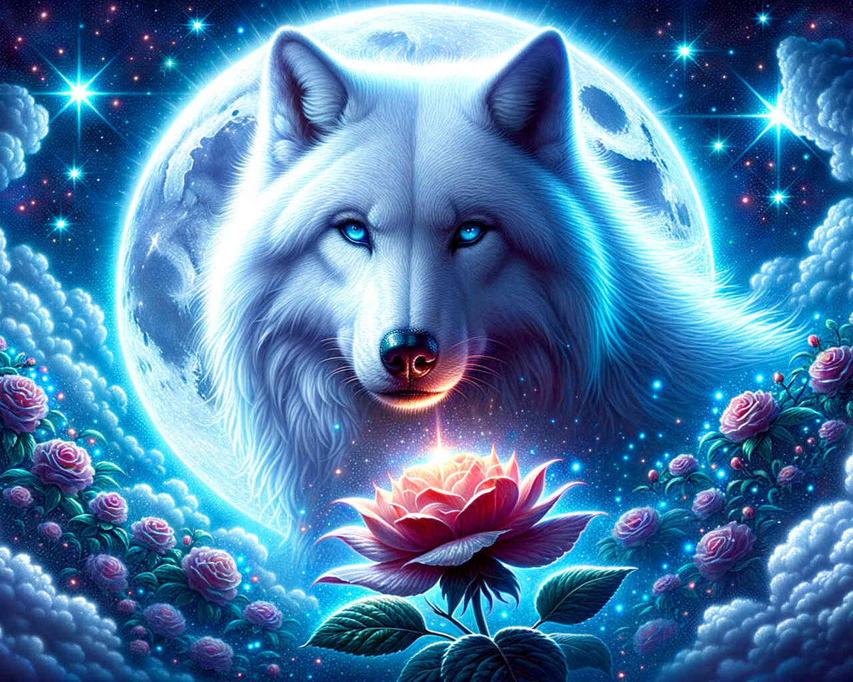 Moonlit Wolf and Flower — Diamond Painting Kit design