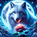 Moonlit Wolf and Flower — Diamond Painting Kit design