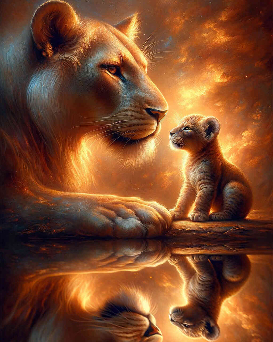 Mirror image, lioness and child — Diamond Painting Kit design