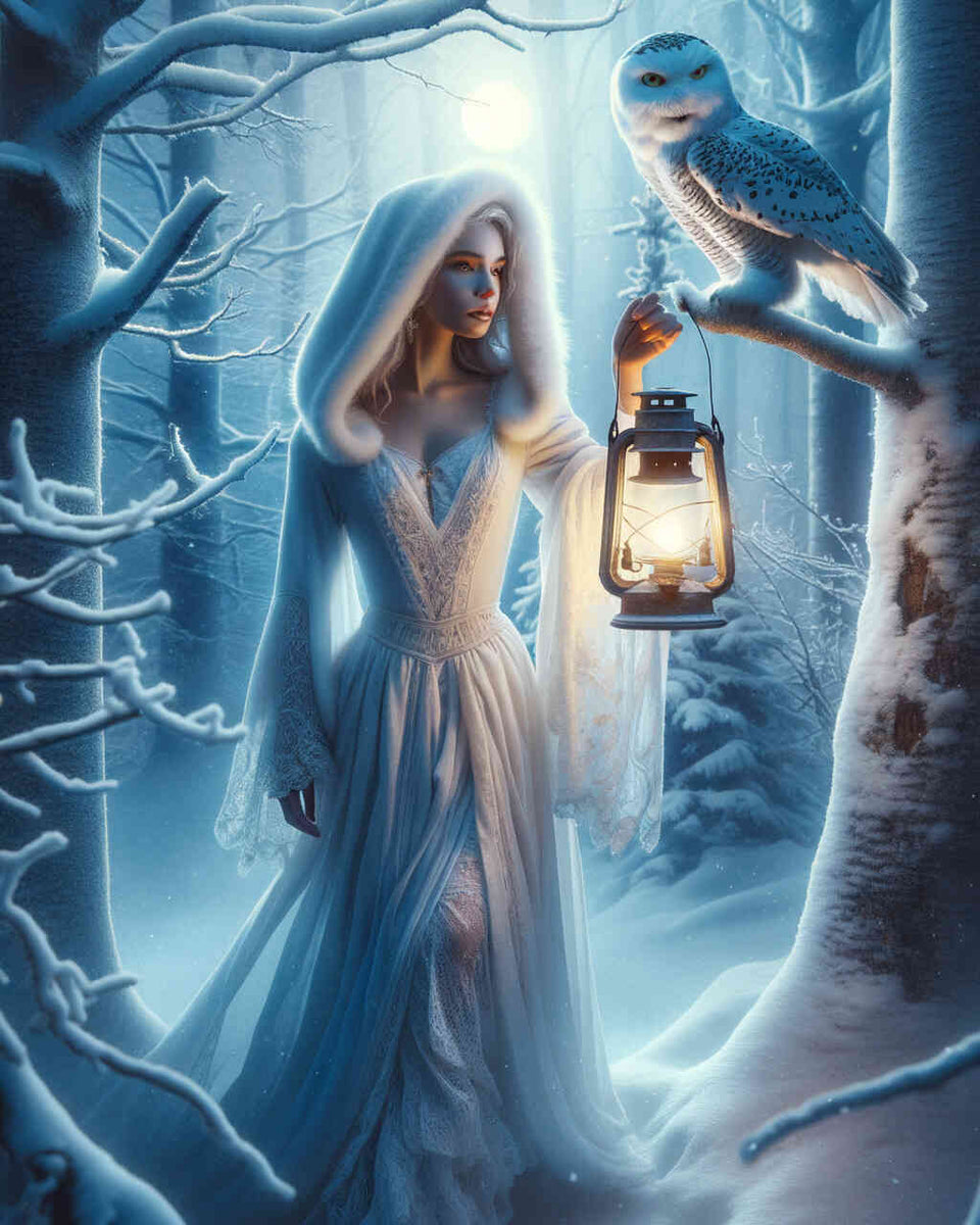 Woman with Lantern Snowy Owl — Diamond Painting Kit design