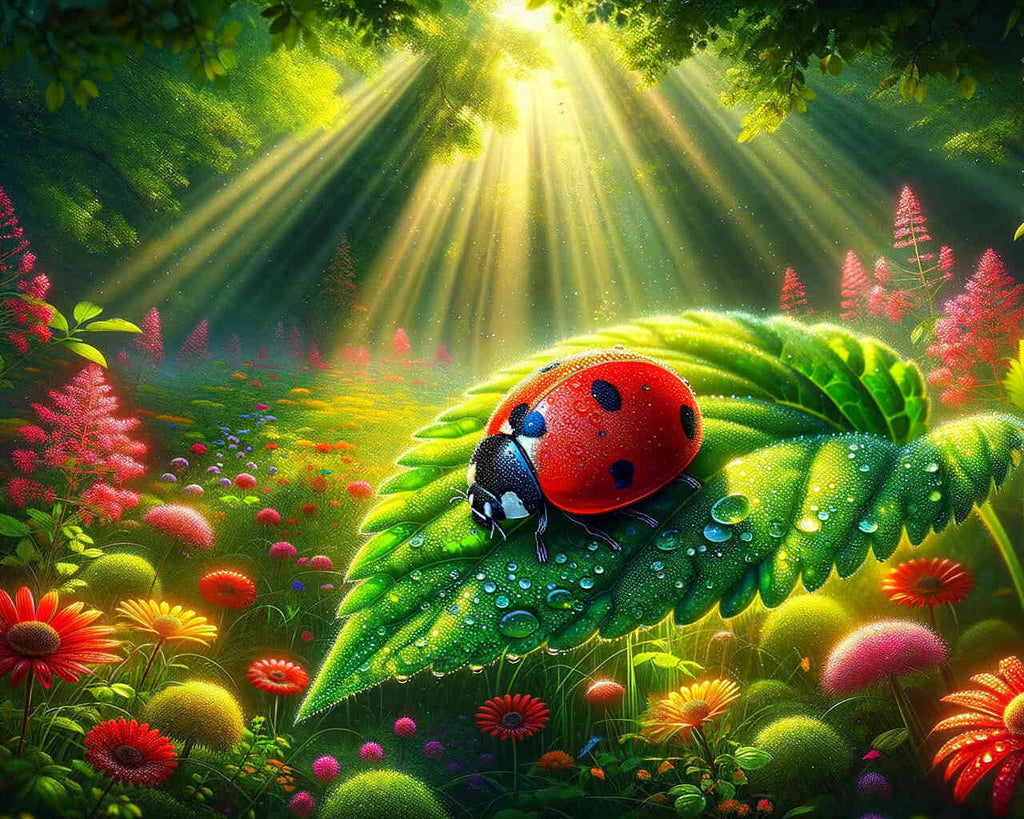 Ladybug on vibrant leaf in sunlit forest, surrounded by colorful flowers and lush greenery, evoking imagination and nature.