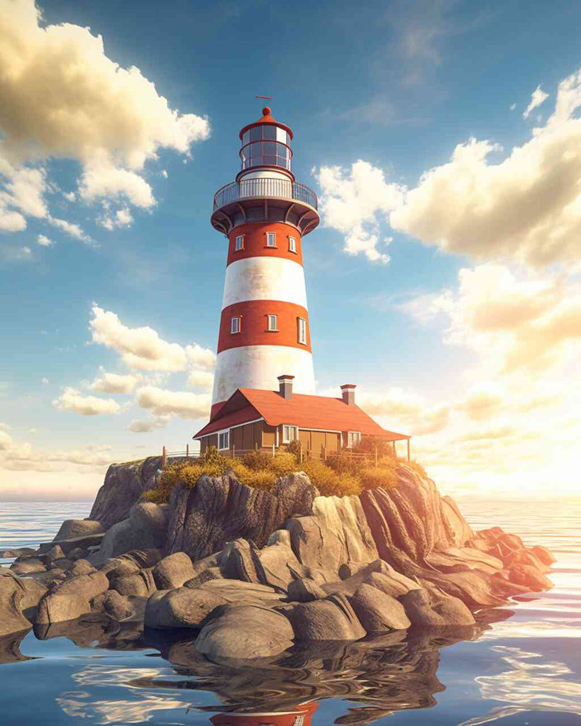 Majestic lighthouse on rocky island in sunset, DIY Diamond Painting - Lighthouse of Hope