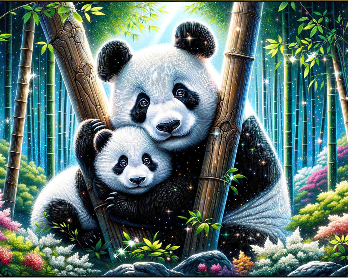 Panda Family among Tree Trunks — Diamond Painting Kit design
