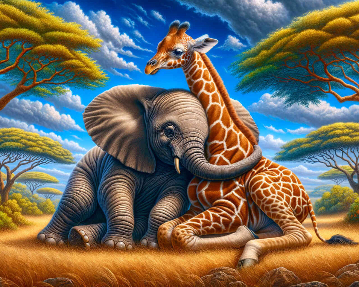 Baby elephant and giraffe are best friends — Diamond Painting Kit design