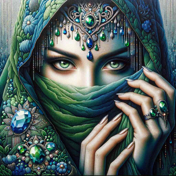Woman with scarf, green and blue — Diamond Painting Kit design