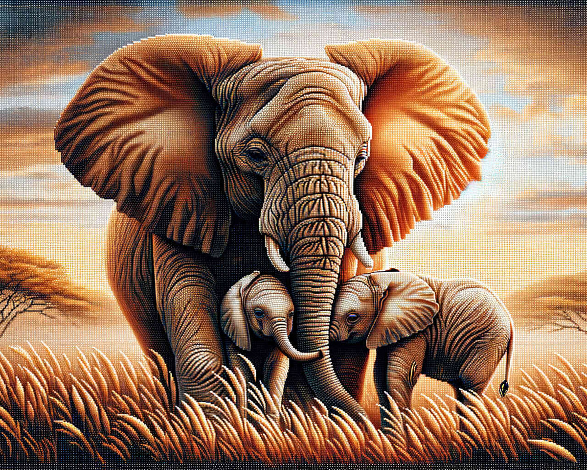 Mother Elephant with Her Calves — Diamond Painting Kit design
