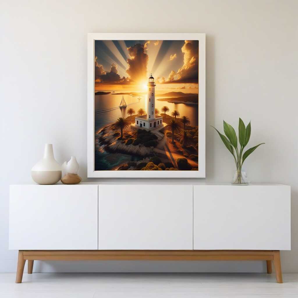 White lighthouse, sunset — Diamond Painting Kit, product view 2