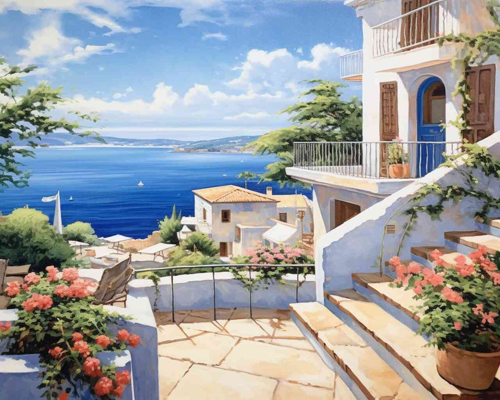 DIY Diamond Painting - Mediterranean dream with azure blue sea, white buildings, and pink bougainvilleas under a sunny sky