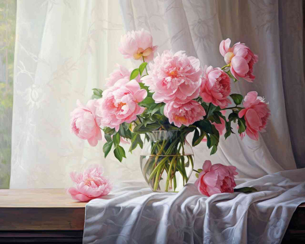 Delicate peonies in full bloom arranged in a clear vase against soft curtain drapery, showcasing pastel pinks and creamy whites.