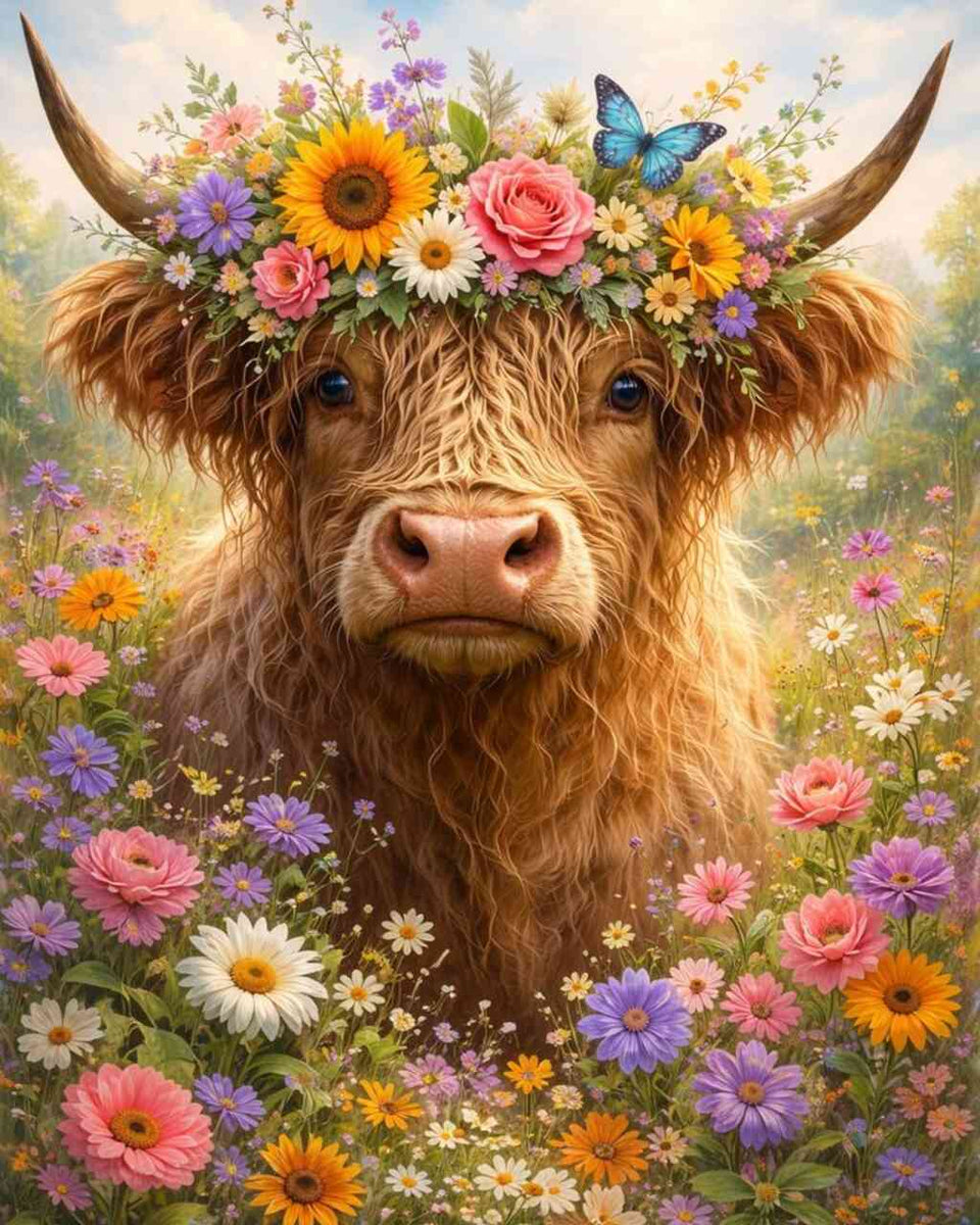Highland Cow with a Flower Crown — Diamond Painting Kit design