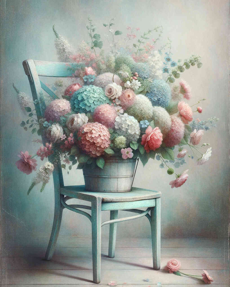 Chair with bouquet of flowers — Diamond Painting Kit design