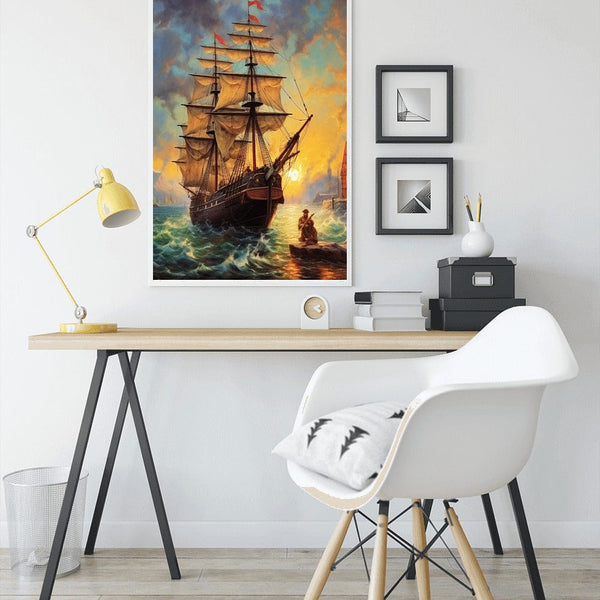 Ship at sunrise, rough sea — Diamond Painting Kit, product view 3