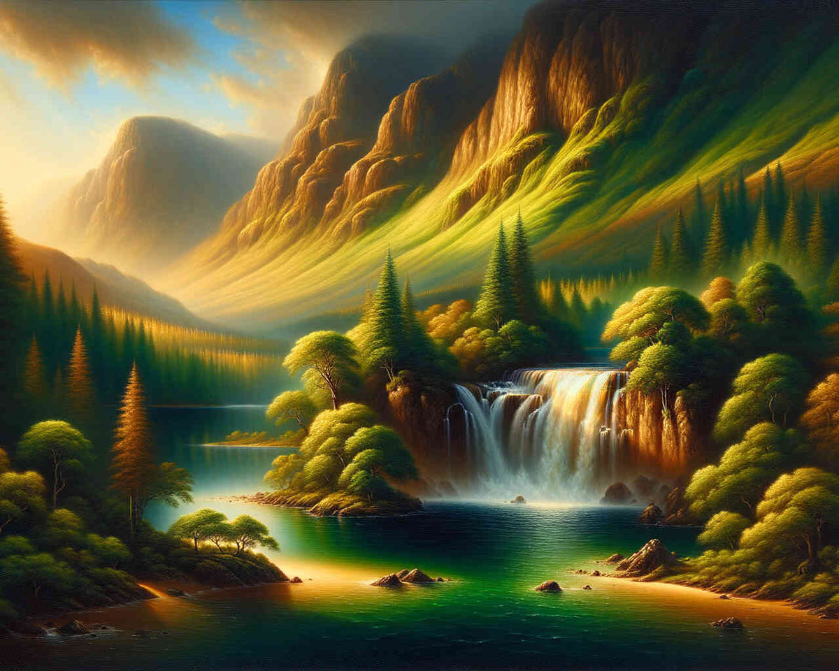 Mountains and a Woodland Waterfall — Diamond Painting Kit design