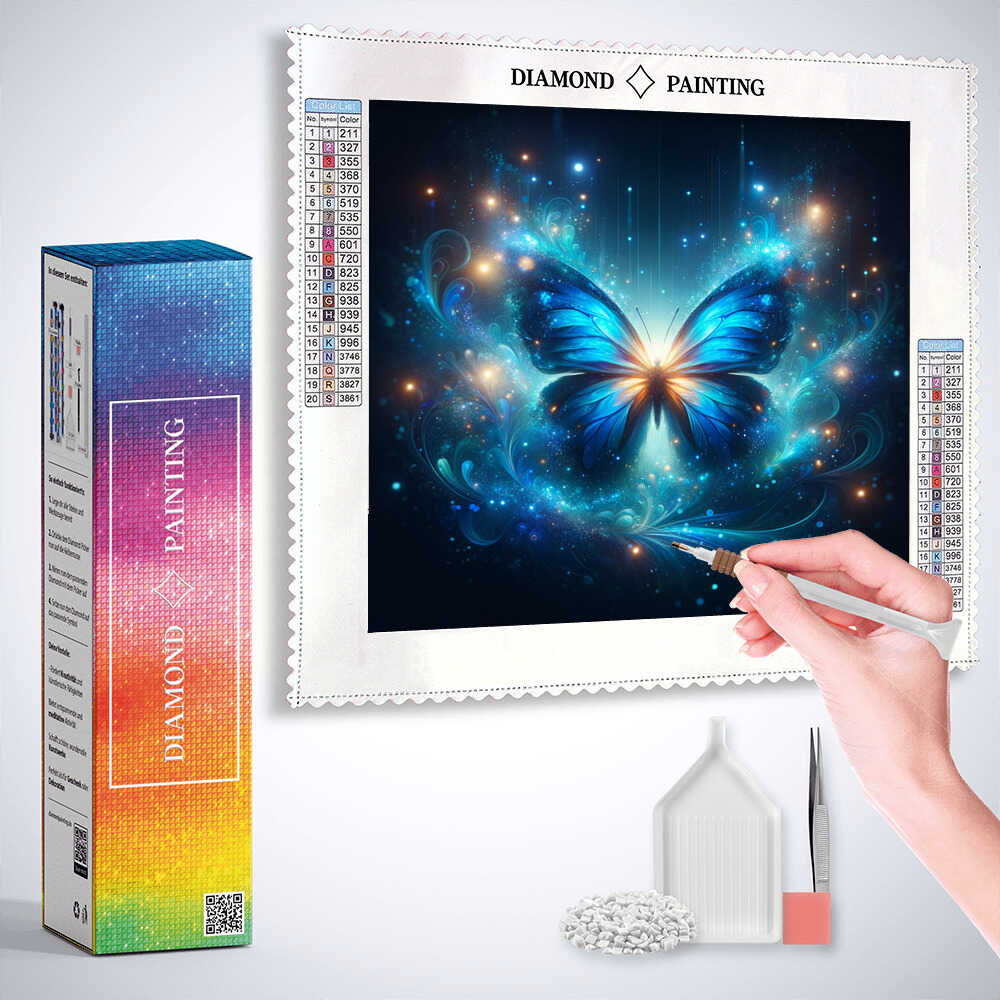 Blue glowing butterfly — Diamond Painting Kit, product view 3