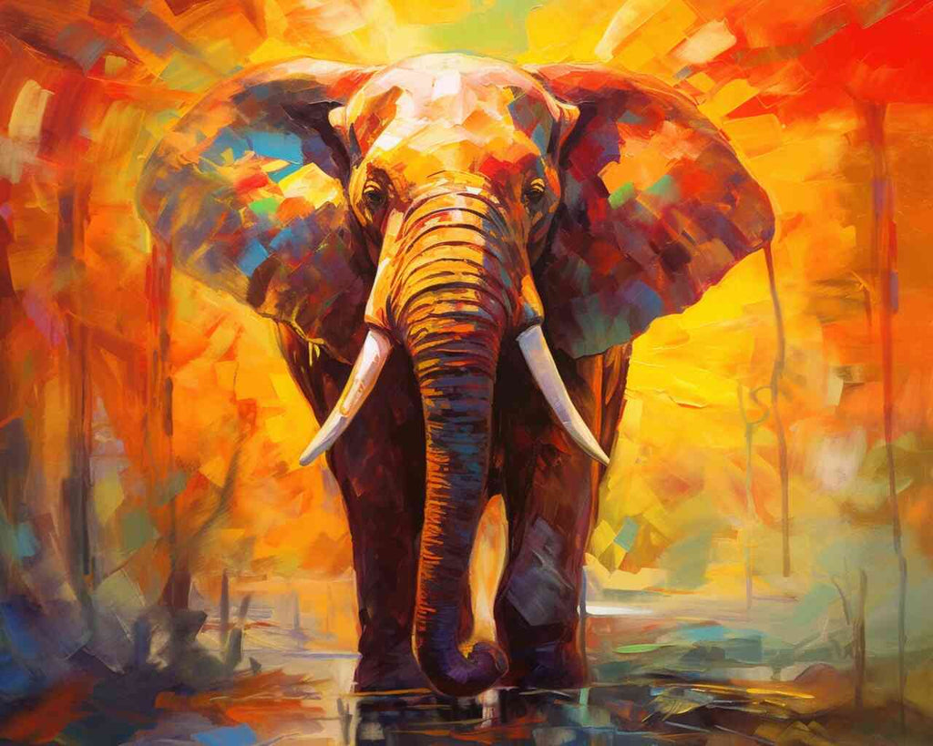 DIY Diamond Painting of a majestic elephant in bright orange, red, and bold shadows, symbolizing wild beauty and limitless freedom.