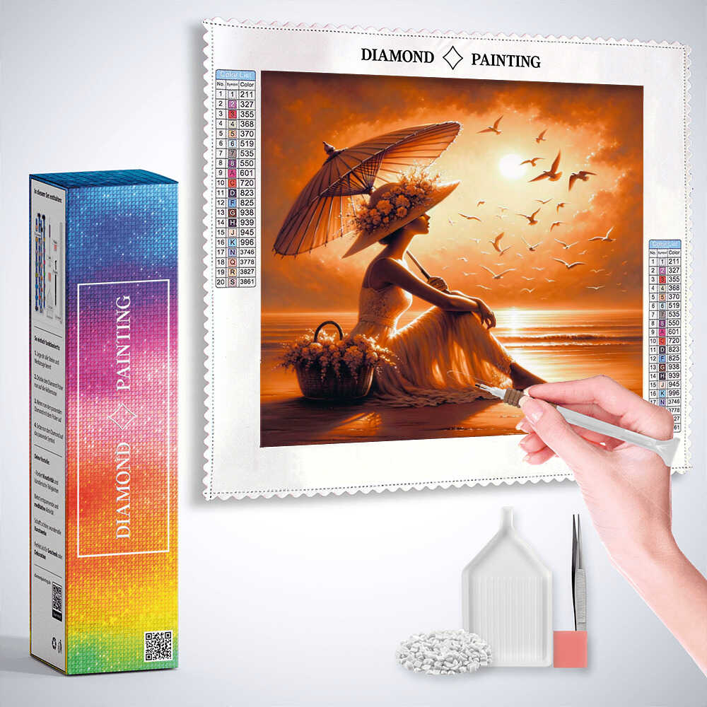 Woman on the beach with parasol and hat — Diamond Painting Kit, product view 3