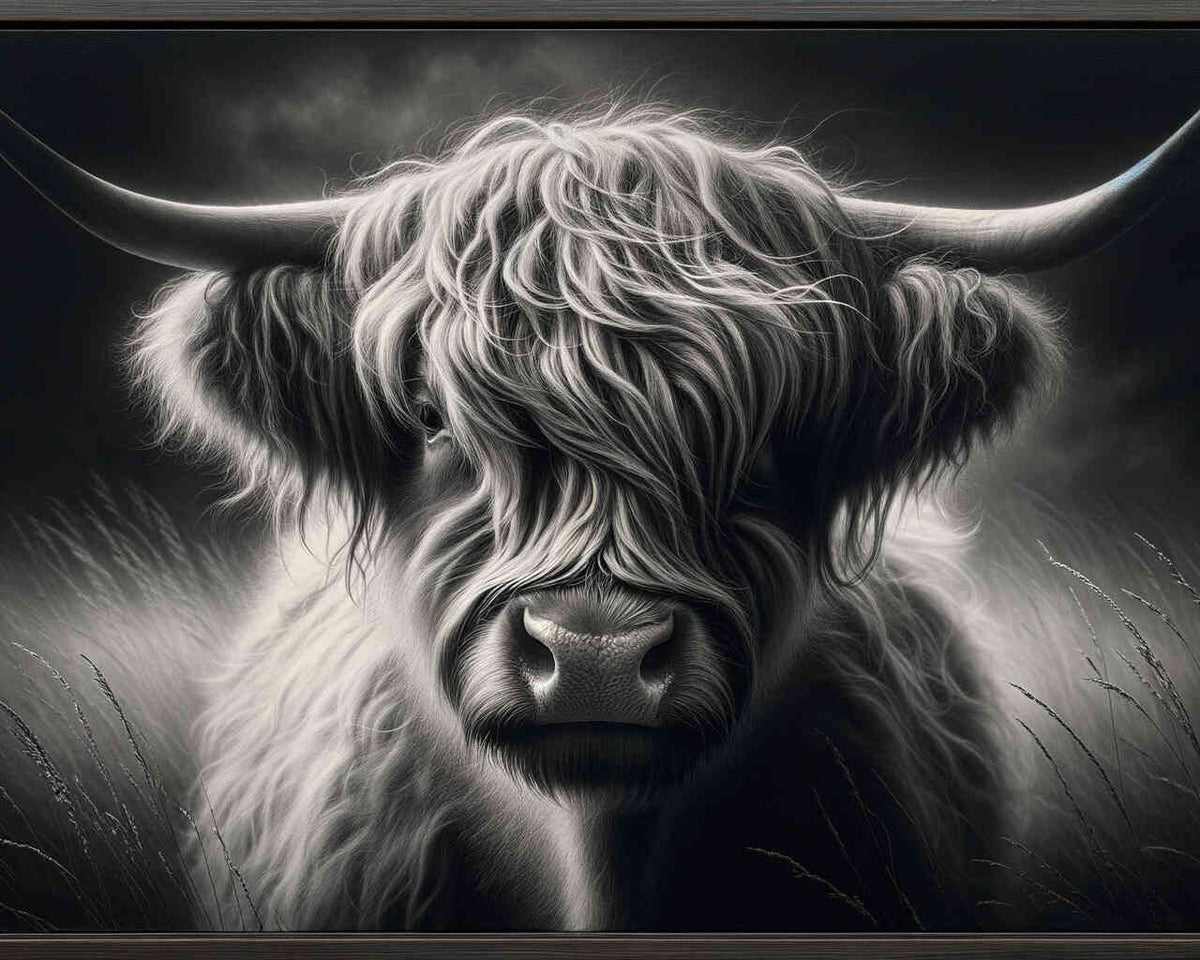 Black and white highland cattle with shaggy hair — Diamond Painting Kit design