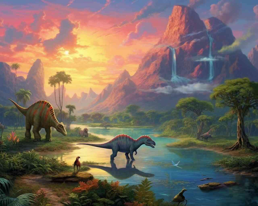 DIY Diamond Painting - Echoes of the Primeval Age, depicting dinosaurs in a prehistoric valley with mountains and cascading waterfalls.