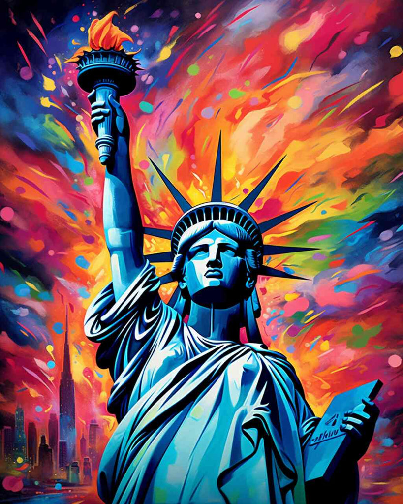 Statue of Liberty against a vibrant backdrop of colorful explosions in DIY Diamond Painting - Freedom in a riot of colour