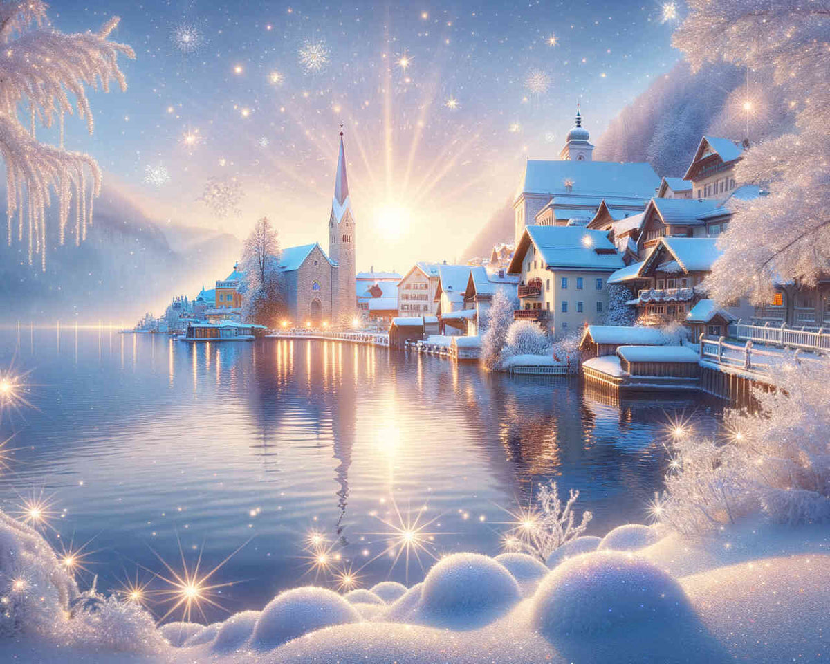 Winter Town beside the Lake — Diamond Painting Kit design