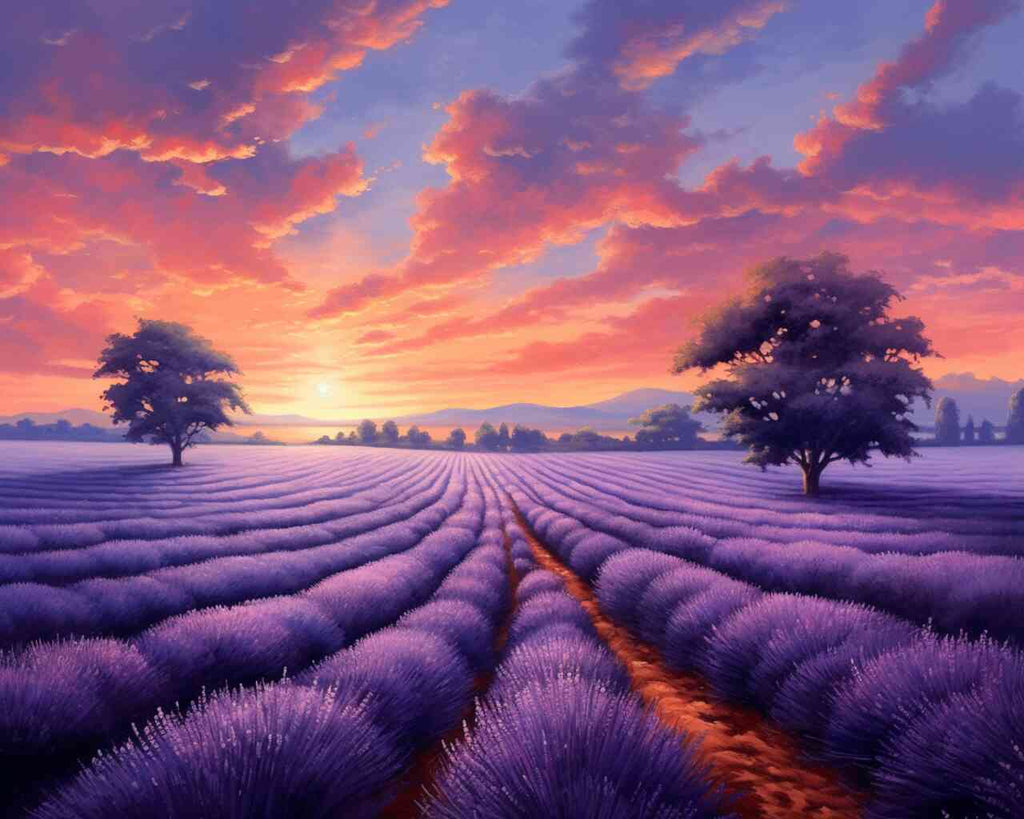 DIY diamond painting featuring a lavender field at sunset with vibrant purple and pink skies, and two trees in a modern-impressionist style.