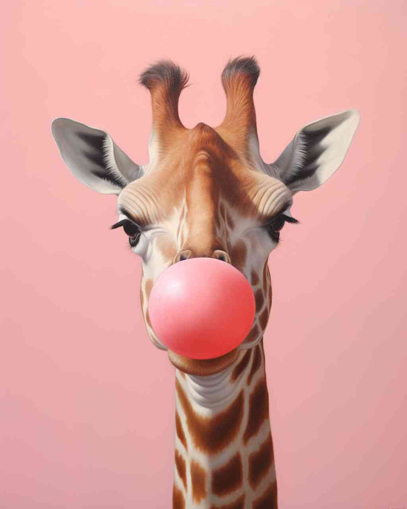 Giraffe with a large pink bubblegum bubble against a soft pink background in the DIY Diamond Painting - Bubblegum Kiss.